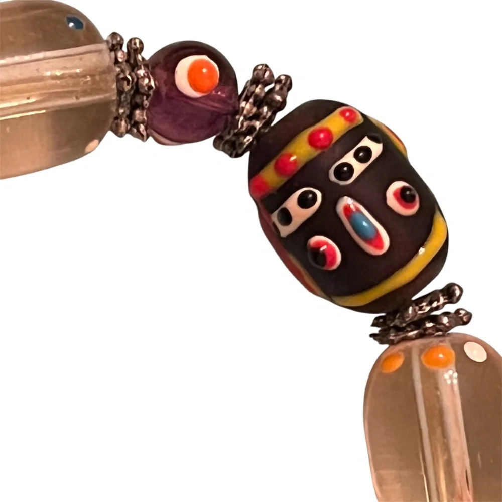 Vintage Face Trade Bead Stretch Bracelet Tribal Folk Art Jewelry Unisex